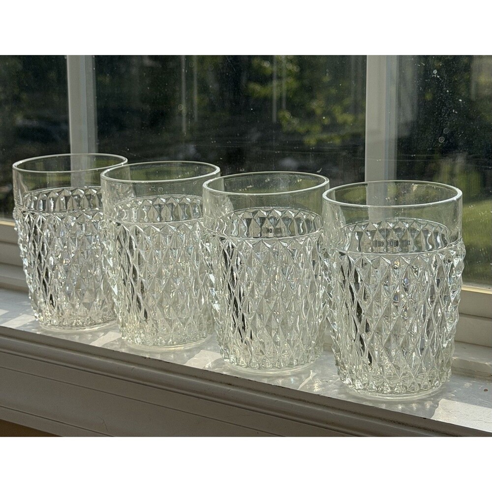 VTG Indiana Glass Diamond Point Clear Flat Tumblers 4 5/8” Set of 4 10 Oz Juice